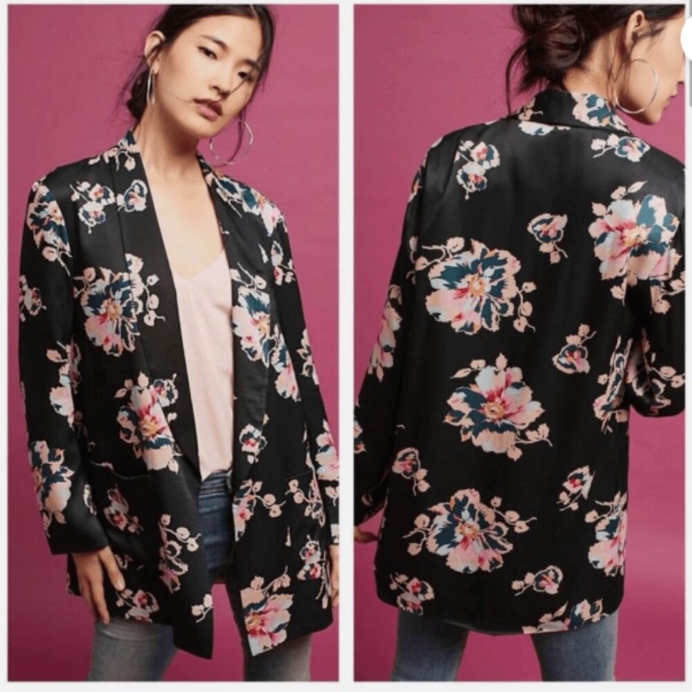 Anthropologie Ett Twa Tavie satin floral blazer jacket Size l black